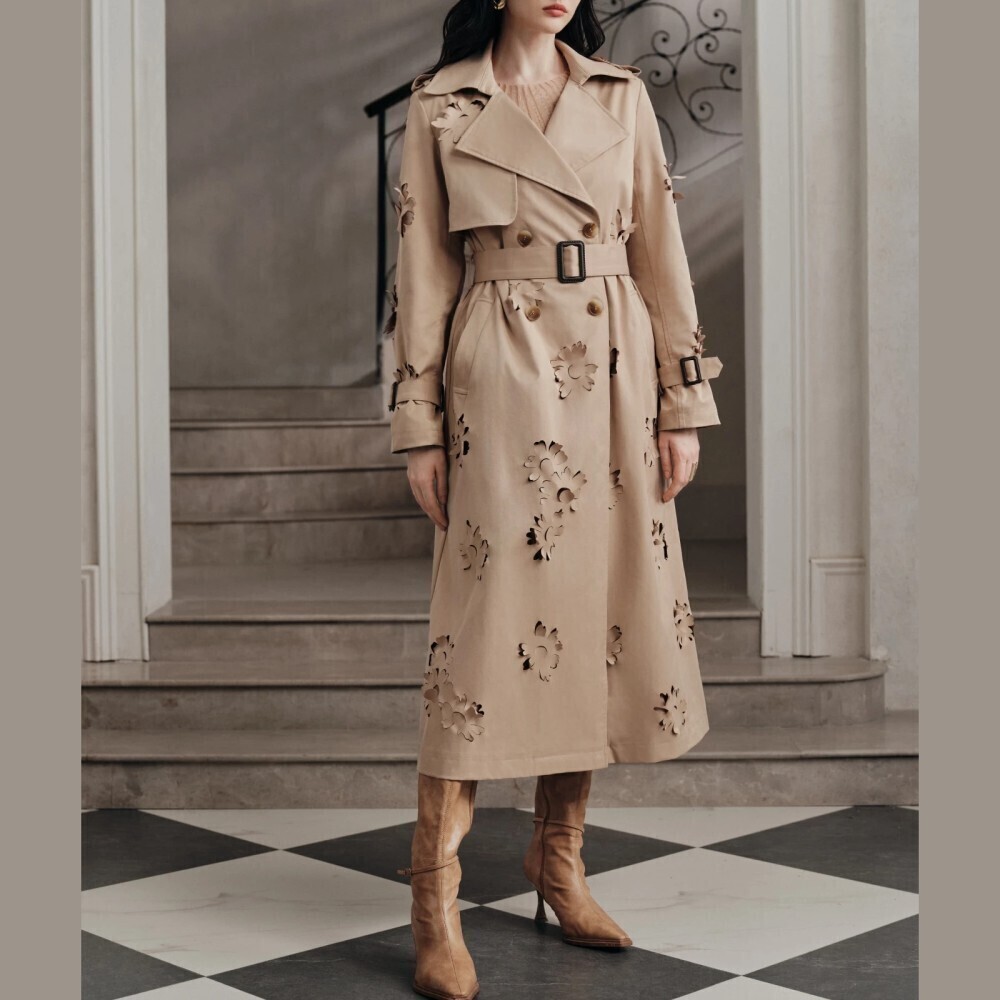 Tan Floral Cutout Belted Double Breasted Midi Trench Coat
